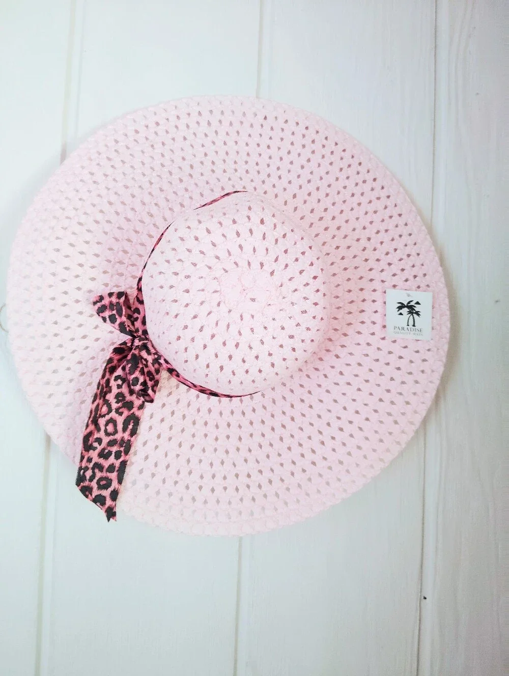 NWT!! Pink Wide-Brim Sun Hat with Leopard Bow